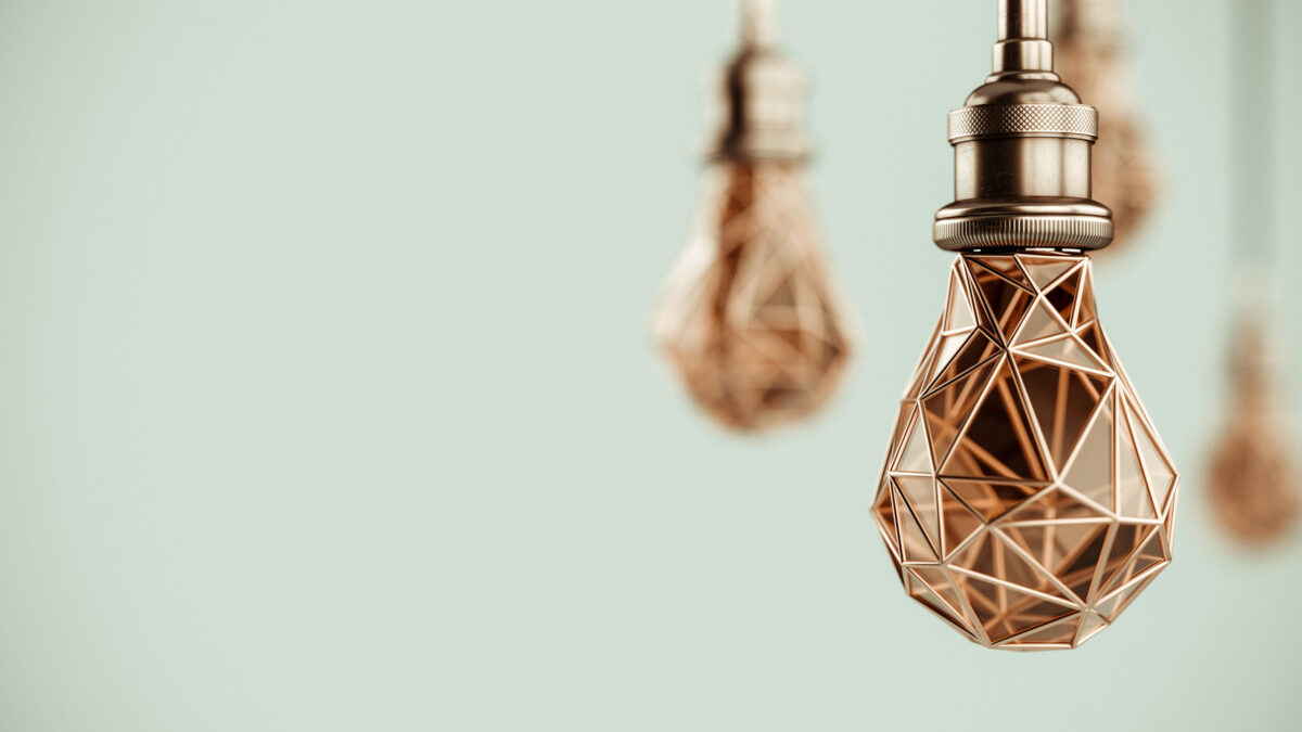 Unusual 3d illustration of hanging stylized low poly light bulbs with golden wire. Conceptual background