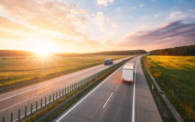 Amazing sunrise on the highway in the middle of the countryside. Transportation and cars theme.